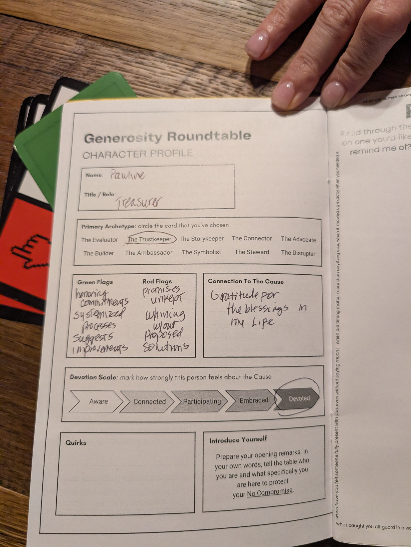Pauline's Character Profile filled in by hand. The Trustkeeper is circled, Devoted is marked on the scale, and her green and red flags are written in the boxes.