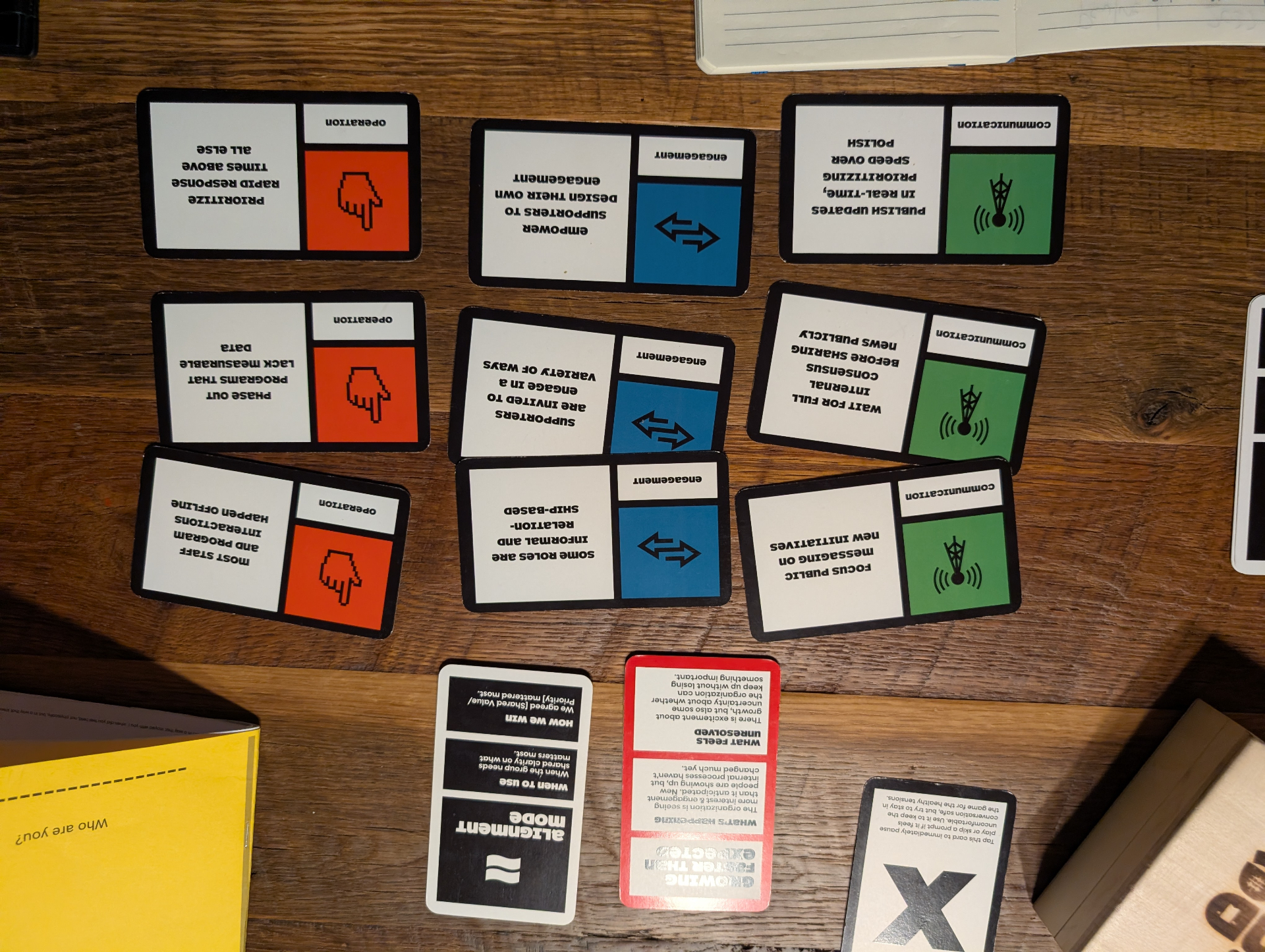 Nine tactic cards laid out in three rows of three. Communications in green on the right, Engagement in blue in the middle, Operations in orange on the left, with the scenario and pause cards below.
